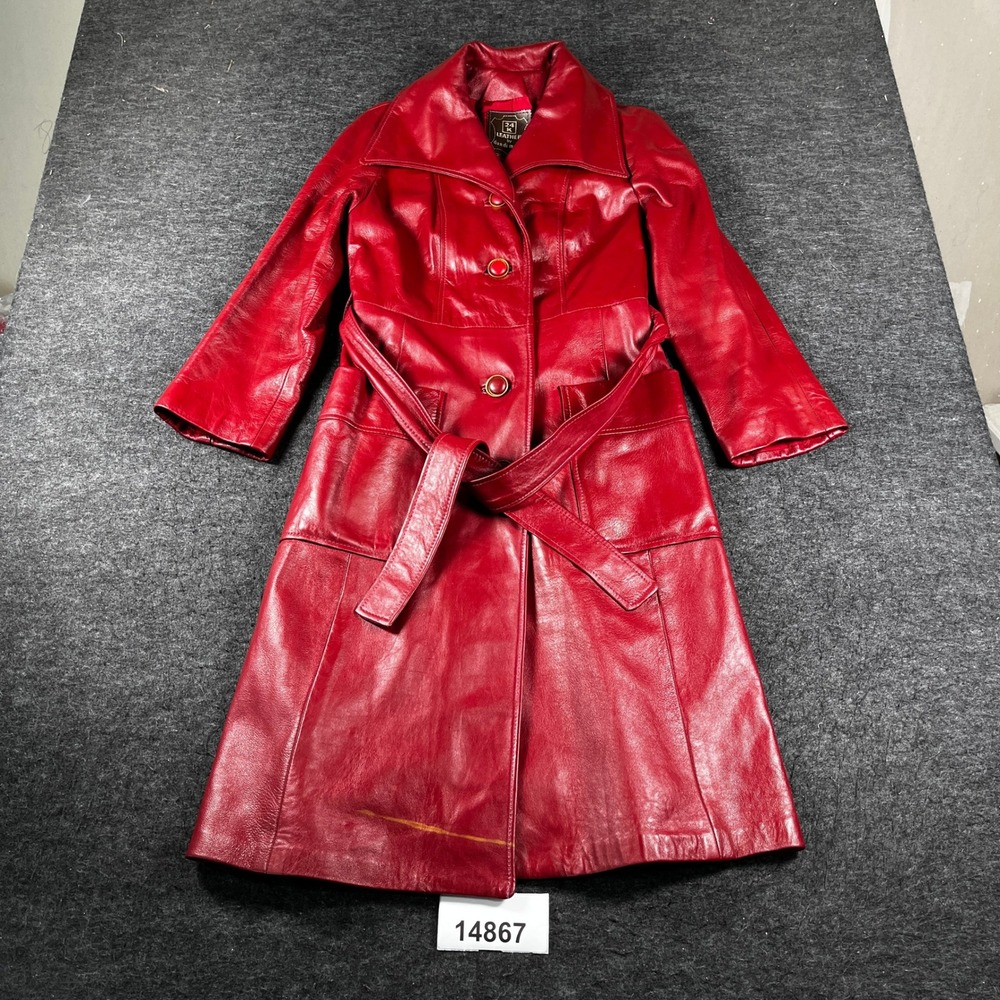 Vtg 24K Leather Dan Di Modes Trench Coat Womens Small Red Good Belted